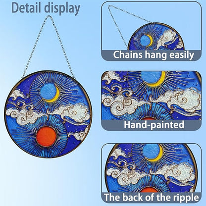 Stained Glass Window Hanging Sun Moon and Cloud Suncatcher - Handmade Stained Glass Suncatchers Hanging with Chain and Hook - Outdoor Garden Decor Housewarming Gift for Christmas and Thanksgiving