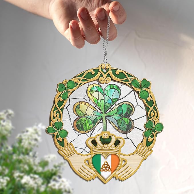 FLAGWIX St Patricks Day Decorations - Saint Patricks Day Decor Double Layered 8 inch Hanging Suncatcher - Irish Shamrock Celtic Cross Home Decoration, Gifts for Women Men, Gifts for Friends