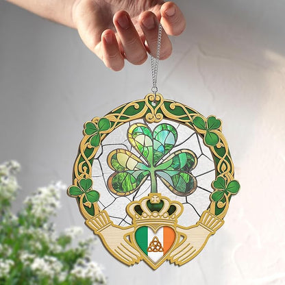 FLAGWIX St Patricks Day Decorations - Saint Patricks Day Decor Double Layered 8 inch Hanging Suncatcher - Irish Shamrock Celtic Cross Home Decoration, Gifts for Women Men, Gifts for Friends