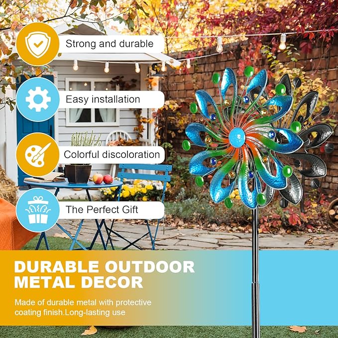 MLKNK Wind Spinners for Yard and Garden - Wind Sculptures & Spinners, 75 Inch, Navy Blue, Kinetic Art with Solar Powered Multi-Color Glass Ball Light