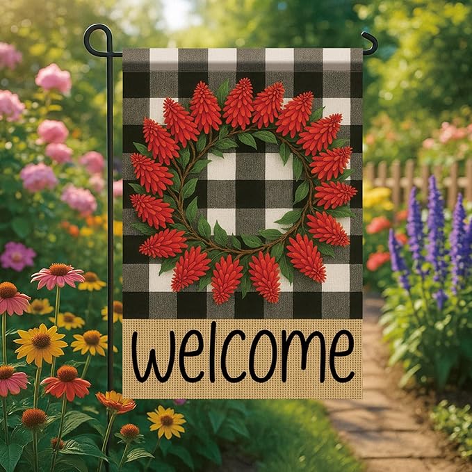 Welcome Spring Summer Garden Flags for Outside 12x18 Double Sided Buffalo Plaid Wreath Red Pinecone Flower Seasonal Sign Small Yard Flag Farmhouse Holiday Outdoor Decor