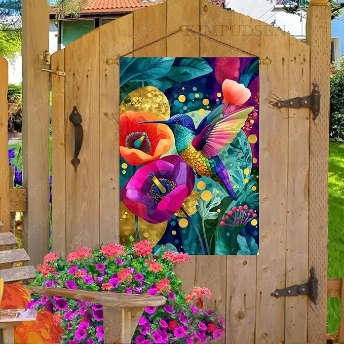 Hummingbird Floral Welcome House Flag 28x40 Inch Double Sided for Outside, Spring Summer Garden Decor for Patio Lawn