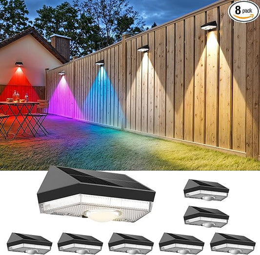 Solar Fence Lights,9 Lighting Modes ＆ Color Changing Mode IP65 Waterproof Outdoor, Solar Deck Lights for Outside/Patio/Backyard/Wall/Pool/Fence/Railing/Step(8Pack)