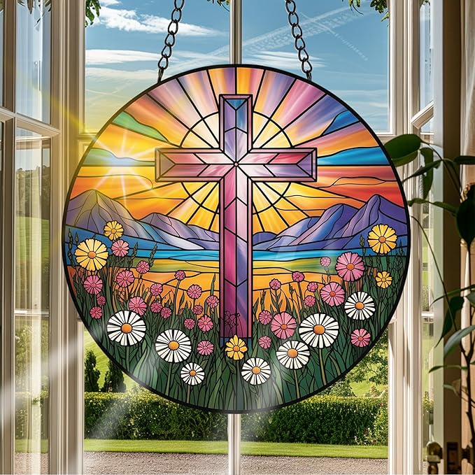 VAIIEYO Cross Sun Catcher Stained Glass Window Hanging Ornament, Handmade Sun Catcher Religion Decoration with Hooks for Window Garden Home, Mother's Day & Birthday Housewarming Gift (7.8 inch)
