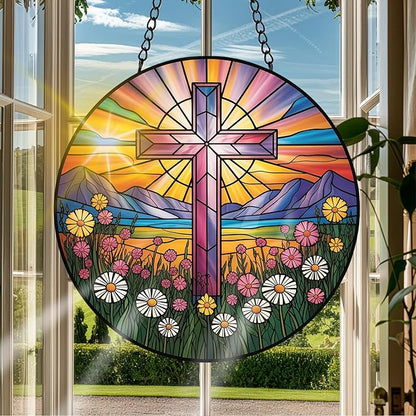 VAIIEYO Cross Sun Catcher Stained Glass Window Hanging Ornament, Handmade Sun Catcher Religion Decoration with Hooks for Window Garden Home, Mother's Day & Birthday Housewarming Gift (7.8 inch)