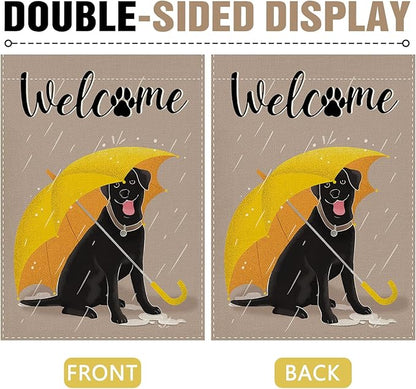 Dyrenson Welcome Black Labrador Dog Decorative Garden Flag, Yellow Umbrella Rainy Yard Outside Home Decoration Pet Lover Gift, Paw Print Seasonal Burlap Outdoor Small Decor Double Sided 12 x 18