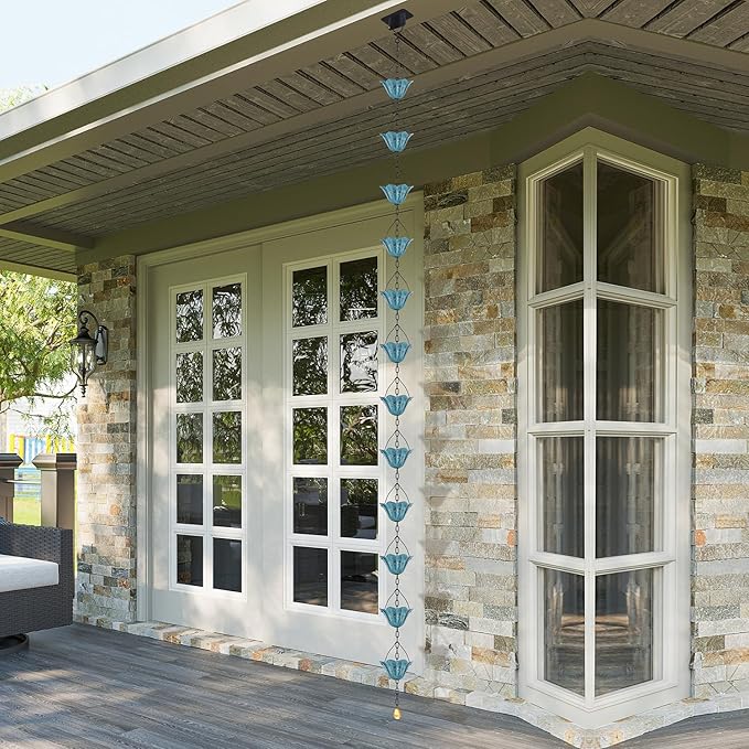 Rain Chains for Gutters Outside 8.5FT Rain Catcher Chain with 12 Blue Tulip Cups Decorative Replacement for Downspout