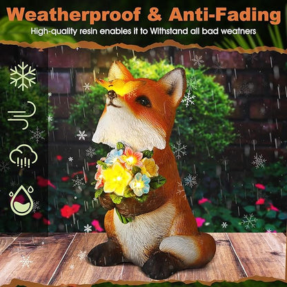 Threehoney Solar Fox Decor for Garden Outdoor Lighted Resin Fox Statue Figurine with LED Light Butterfly Flower Garden Statue for Yard Patio Balcony Women Mom Grandma Mother's Housewarming Gift