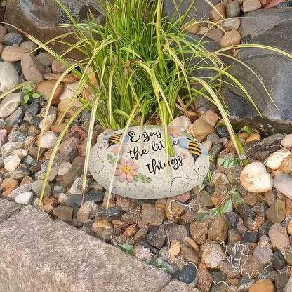 Spring Decorative Garden Stones Outdoor, 6x4.1In Bee Enjoy The Little Things Stone with Pink Floral, Concrete Stepping Stones for Walkway Pathway Yard Outside
