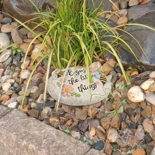 Spring Decorative Garden Stones Outdoor, 6x4.1In Bee Enjoy The Little Things Stone with Pink Floral, Concrete Stepping Stones for Walkway Pathway Yard Outside