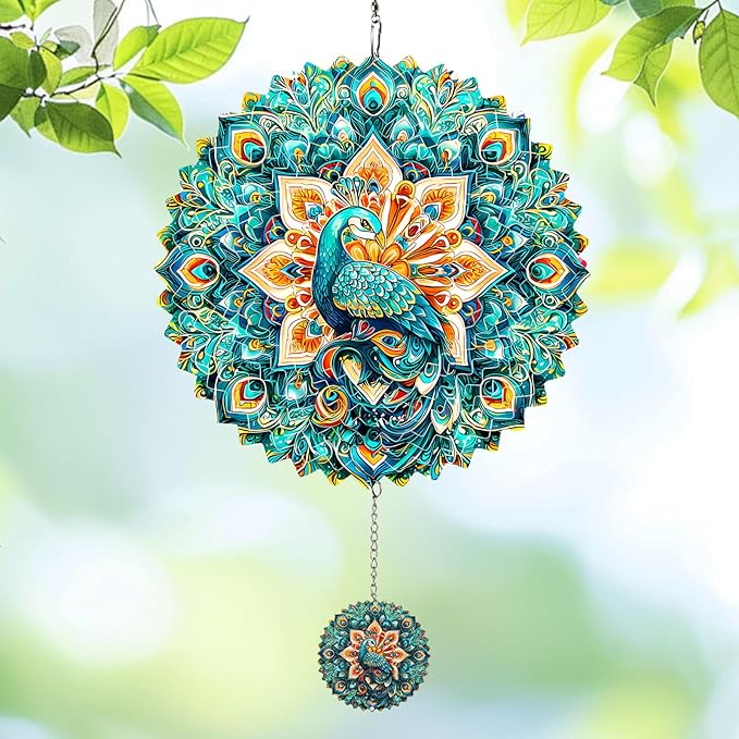 Wind Spinners Outdoor Peacock, 12 inch Laser Cut Metal Art Geometric Pattern Wind Spinners Hanging Kinetic for Yard, Garden, Patio, Outdoor - Craft Decor Birthday Gifts for Women, Men, Mom