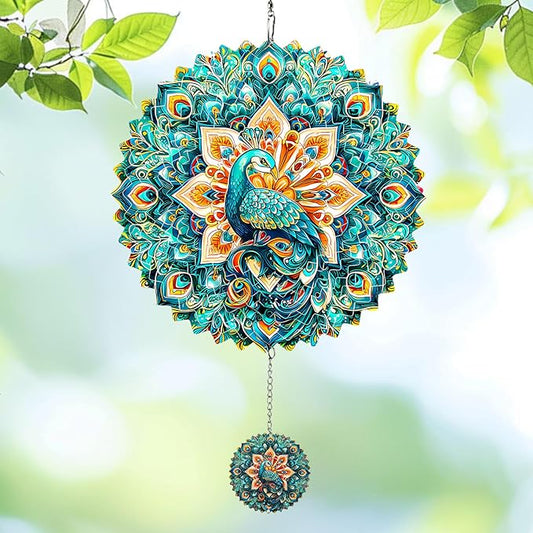 Wind Spinners Outdoor Peacock, 12 inch Laser Cut Metal Art Geometric Pattern Wind Spinners Hanging Kinetic for Yard, Garden, Patio, Outdoor - Craft Decor Birthday Gifts for Women, Men, Mom