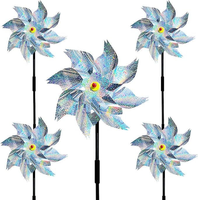 5 Pack Pinwheels for Yard and Garden,Reflective Pinwheels Bird Deterrents Pinwheels for Outside Pinwheel Devices Outdoor Pinwheels for Kids (Silvery Pinwheel 5)