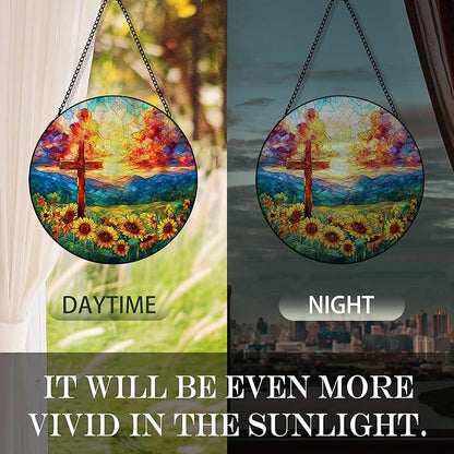 Christian Cross Suncatcher Garden Stained Glass Window Hanging, Christian Sunset Flower Sun Catchers Indoor Window Glass Round Wall Decor, Religious Wall Art Hanging Decorations, ＂7.8x7.8＂