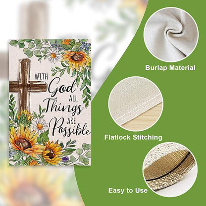 With God All Things Are Possible Religious Spring Summer Easter Decorative House Flag, Cross Sunflower Garden Yard Outside Decorations, Inspirational Fall Autumn Outdoor Large Home Decor 28x40