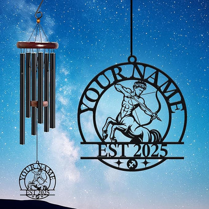 Personalized Customize Name 12 Zodiac Signs Wind Chime, Metal Iron 37 Inch Outdoor Memorial Gift for Garden Yard Patio Home Decor, Black (Sagittarius)