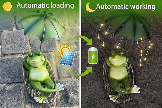 6.7" Solar Frog Garden Statue with Light Up Umbrella - IP65 Waterproof Resin Sculpture, Outdoor Figurine for Patio Yard Pond, Unique Gardening Gifts for Women/Mom