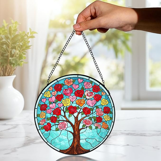 Tree of Life Stained Glass Suncatcher, Pink Love Tree Stained Glass Window Hanging, Valentines Day Window Decorations, Meaningful Gift for Mom, Grandma, Birthday & Mother’s Day, 7.9x7.9in