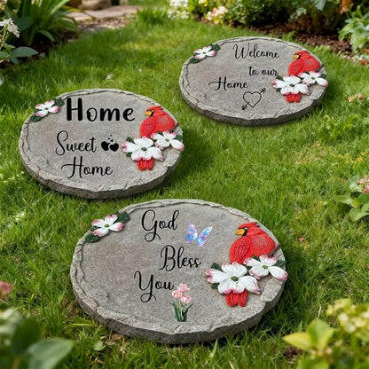 Welcome to Our Home-Resin Stepping Stone,Outdoor Garden Pathway Decoration,Round Red Hummingbird Decorative Stone for Garden,Walkway Sculpture Yard Art for Patio,Home Decor