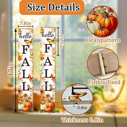 Hello Fall Porch Sign Autumn Pumpkin Maple Leaf Welcome Sign Vertical Standing Sign For Front Porch Decor Farmhouse Hanging Wall Sign for Patio Yard Party Indoor Outdoor Thanksgiving Decoration 47.2"H