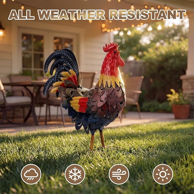 Zhengmy Metal Rooster Garden Statue Lifelike Colorful Metal Rooster Yard Decor Hand-Painted Iron Chicken Sculpture for Patio Lawn Backyard Farmhouse Outdoor Indoor Decoration (Red)