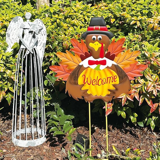 Fall Harvest Thanksgiving Metal Pumpkin Welcome Sign with Turkey Stakes Yard Decorations 28.5''H, Set of 2