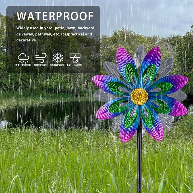 360°Metal Wind Spinner Outdoor,13”Double Wind Sculptures Garden Pinwheels with Metal Stak,Waterproof Pinwheels Large Wind Spinner for Yard and Garden（Purple）