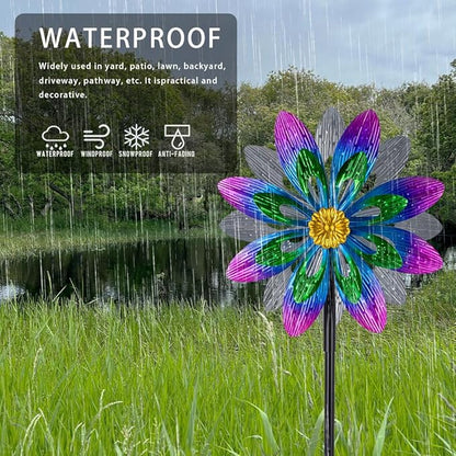 360°Metal Wind Spinner Outdoor,13”Double Wind Sculptures Garden Pinwheels with Metal Stak,Waterproof Pinwheels Large Wind Spinner for Yard and Garden（Purple）
