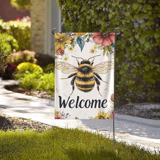 Bee Welcome Garden Flags 12×18 Inch Double Sided Decorative Yard Banner Seasonal Flag for Outdoor Outside Decor