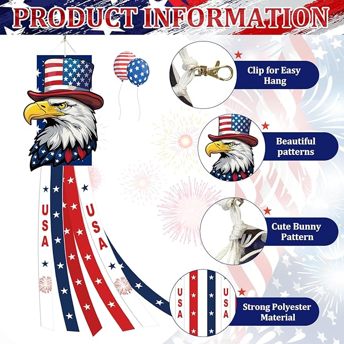40 Inches USA Eagle Windsock Decoration, Patriotic Eagle Head Themed Hanging Outdoor Wind Sock Ornament with Red, White, Blue Streamers, 'USA' Lettering, and Stars for 4th of July, Memorial Day Decor