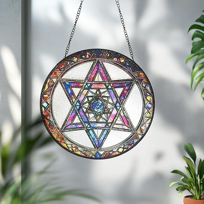 Star of David Suncatcher Stained Glass Window Hanging - 9.84inch Hand-Painted Sun Catcher Garden Hanging Decoration with Metal Chain Outdoor Garden Decor Gift for Women