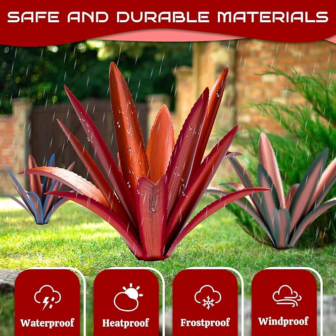 Large Tequila Rustic Sculpture, Rustic Metal Agave Plants for Outdoor Patio Yard Mexican Plant Garden， Agave Outdoor Lawn Ornaments Yard Stakes (Red 1pc)