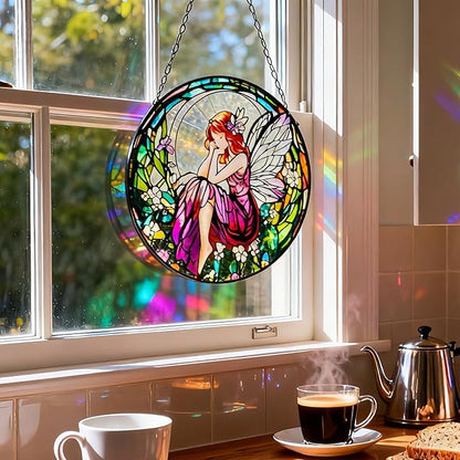 Flower Fairies Stained Glass Window Hanging,Suncatcher Hanging Decor for Indoor Outdoor Windows Yard Garden Decor Home Decorations Wall Art, Gift for Girls Mom Grandma Teacher