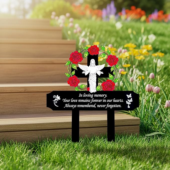 Jesus Grave Decorations for Cemetery - Metal Memorial Stake with 5 Red Roses - Sturdy Thickened Remembrance Plaque, Religious Cemetery Markers for Graveside, Mother’s Day (Jesus)
