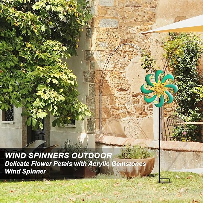 Flower Outdoor Metal Wind Spinner, Single-Layer Kinetic Garden Art with Vibrant Green Finish - Weatherproof Wind Sculpture for Lawn, Patio, Yard Decor - 10''W x 36''H