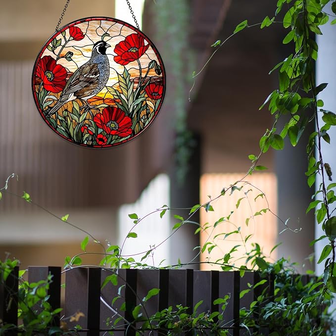 California Quail on Poppies Branch Stained Glass Window Hanging Poppies Sun Catcher Quail Gifts for Women Handmade Suncatchers Decoration for Garden Home Windows Hanging, 7.87inch