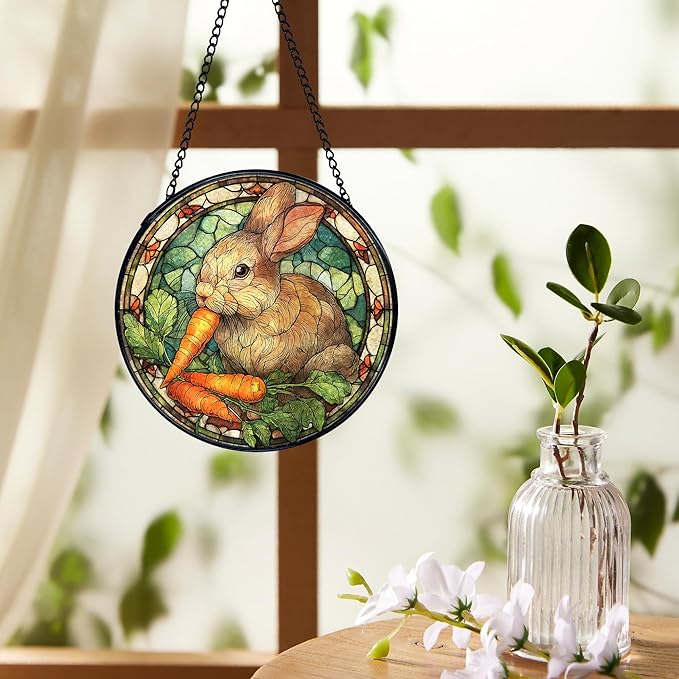 Bunny Decor, Bunny Gifts for Women, Rabbit Suncatchers Stained Glass Window Hanging, Rabbit Decor Sun Catchers Indoor Window Glass Round Wall Decor, 7.9x7.9in