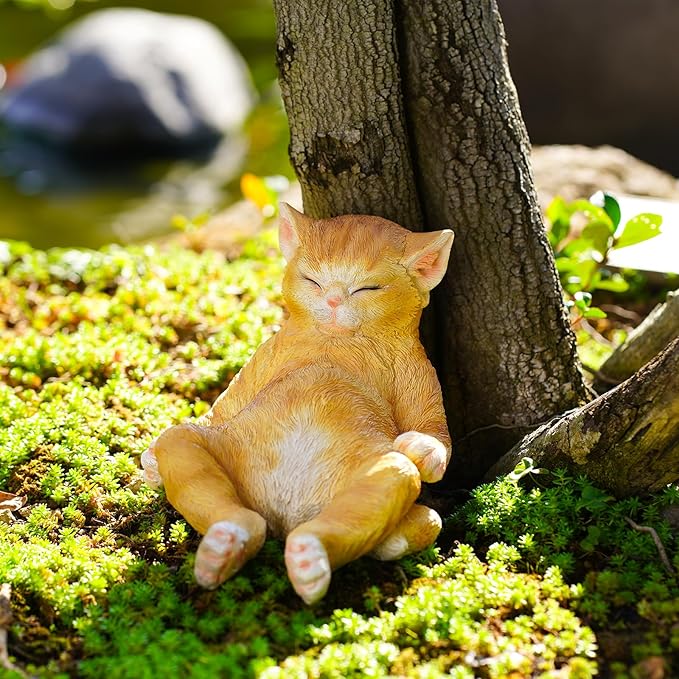 Orange Cat Garden Statue, Funny Resin Cat Figurine for Outdoor Indoor Decor, Cute Relaxing Cat Sculpture for Patio Yard Lawn Porch Shelf, Cat Lover Gift, Weather Resistant, 9.8" L x 5.9" W x 6.7" H