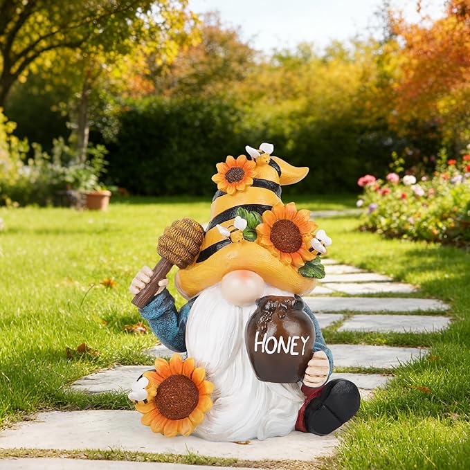 basen Bee Gnome Solar Garden Statue Outdoor Decor, Resin Gnome with Sunflower and Honey Jar, Solar Powered Lighted Yard Lawn Patio Porch Decoration, Waterproof Yard Art