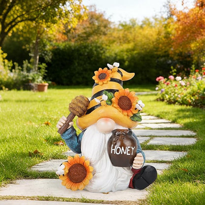 basen Bee Gnome Solar Garden Statue Outdoor Decor, Resin Gnome with Sunflower and Honey Jar, Solar Powered Lighted Yard Lawn Patio Porch Decoration, Waterproof Yard Art