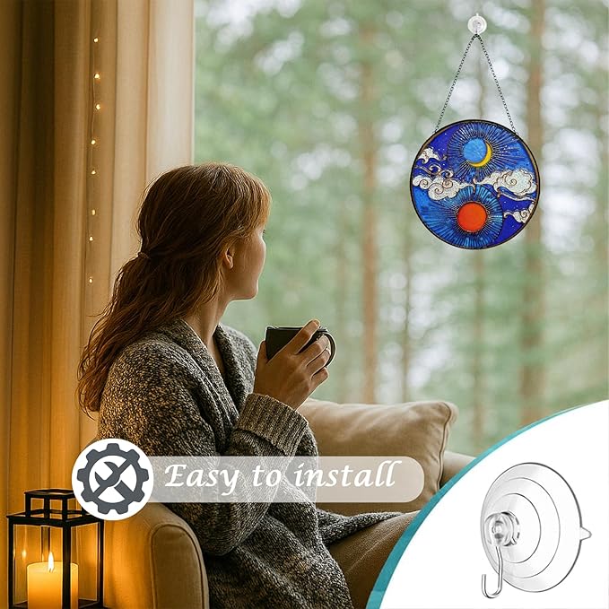 Stained Glass Window Hanging Sun Moon and Cloud Suncatcher - Handmade Stained Glass Suncatchers Hanging with Chain and Hook - Outdoor Garden Decor Housewarming Gift for Christmas and Thanksgiving