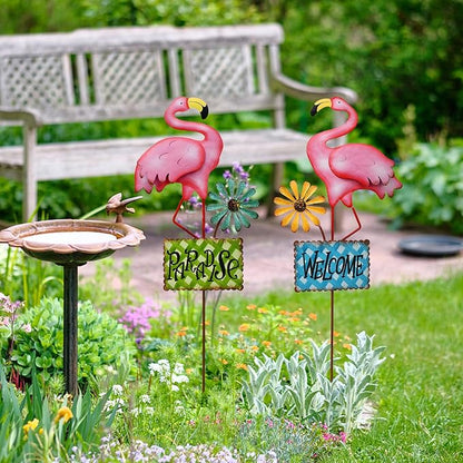 Metal Flamingo Garden Stakes Welcome Yard Sign Decorative Pink Flamingos Ornament Indoor Outdoor Party Stake Lawn Art Patio Backyard Flower Bed Decor (set of 2, S)