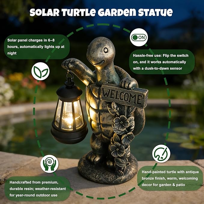 Solar Garden Statues, Resin Turtle Statue w/ Welcome Sign, Waterproof Figurine Solar Latern for Outside Yard Outdoor Home Patio Lawn Decor, Solar Animal Lights for Adults Women Birthday Easter Gifts