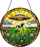 Cow Wildflowers Stained Glass Window Hanging UFO Abduction Sun Catcher Funny Gifts for Women Room Decor Handmade SunCatcher Decoration for Home Window Decor, 7.87inch