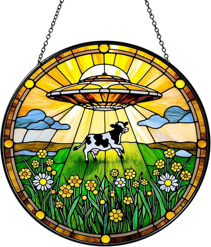 Cow Wildflowers Stained Glass Window Hanging UFO Abduction Sun Catcher Funny Gifts for Women Room Decor Handmade SunCatcher Decoration for Home Window Decor, 7.87inch