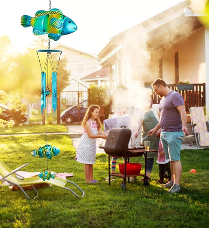 CoTa Global Lucky Fish Wind Chime - Handcrafted Glass and Metal Chime - Hanging Fish Decoration for Indoor and Outdoor Spaces, Hanging Ocean Animal Windchime Decor Gift - 29 Inches