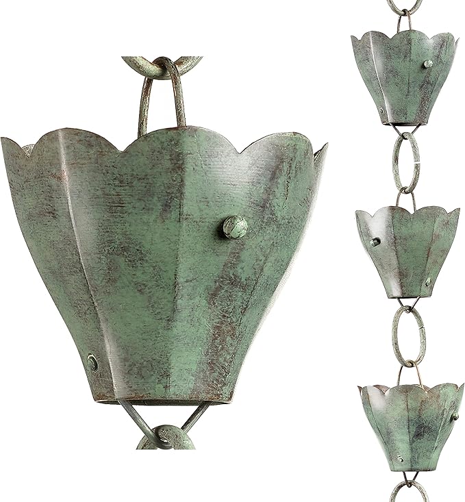 Good Directions 463V1-8 Tulip Rain Chain 8-1/2 Feet Long, 13 Extra Large Cups, 100% Blue Verde Pure Copper