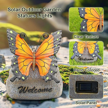Garden Butterfly Statue Outdoor, Butterfly Figurine with Solar Powered LED Light, Waterproof Lawn Ornaments Statuary Decoration, Welcome Animal Outdoor Decor Light for Patio Balcony Yard (Black)