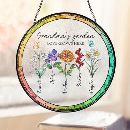 Personalized Grandma’s Garden Stained Glass Window Hanging Ornament, Custom Birth Month Flowers with Kids’ Names, Grandma Love Grows Here Floral Art Decoration, for Mom Grandma/1