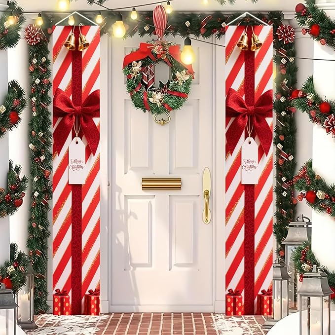 BlissYard Red White Christmas Porch Decorations 12x71 Inch Welcome Hanging Banner Porch Signs for Holiday Decor Gift Box Door Banners for Christmas Winter Home Porch Outdoor Decoration for Front Door